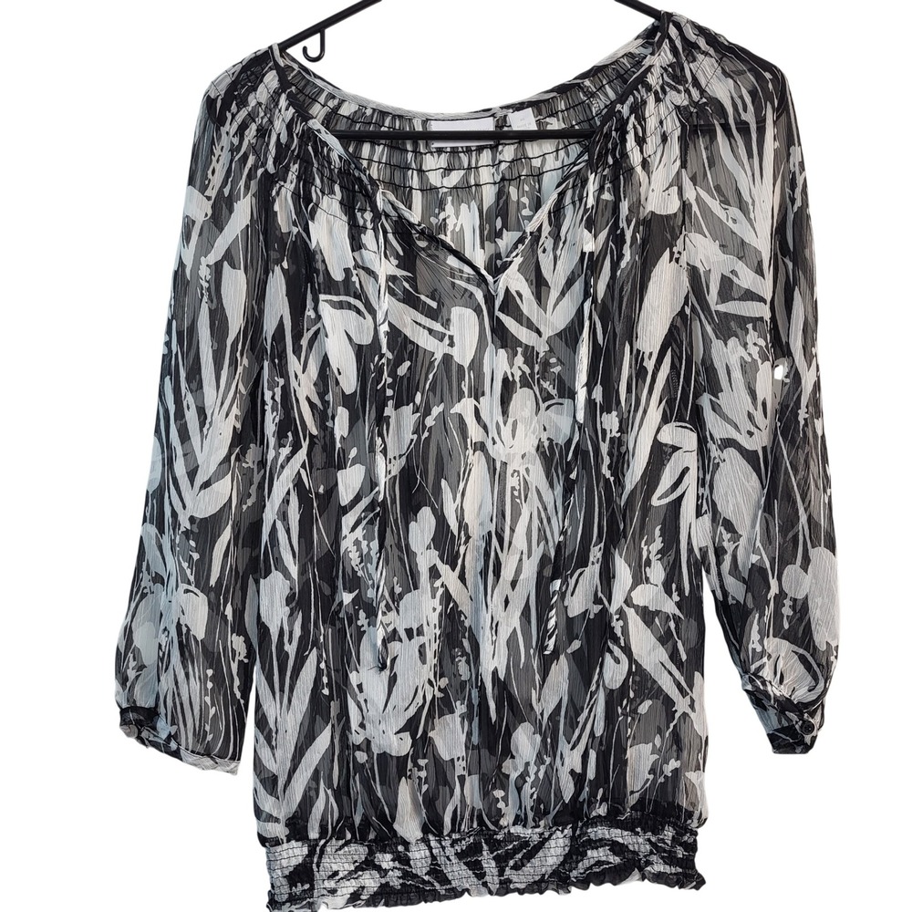 New‎ York & Company XS Sheer Boho Peasant Blouse Black White Off Shoulder Flowy